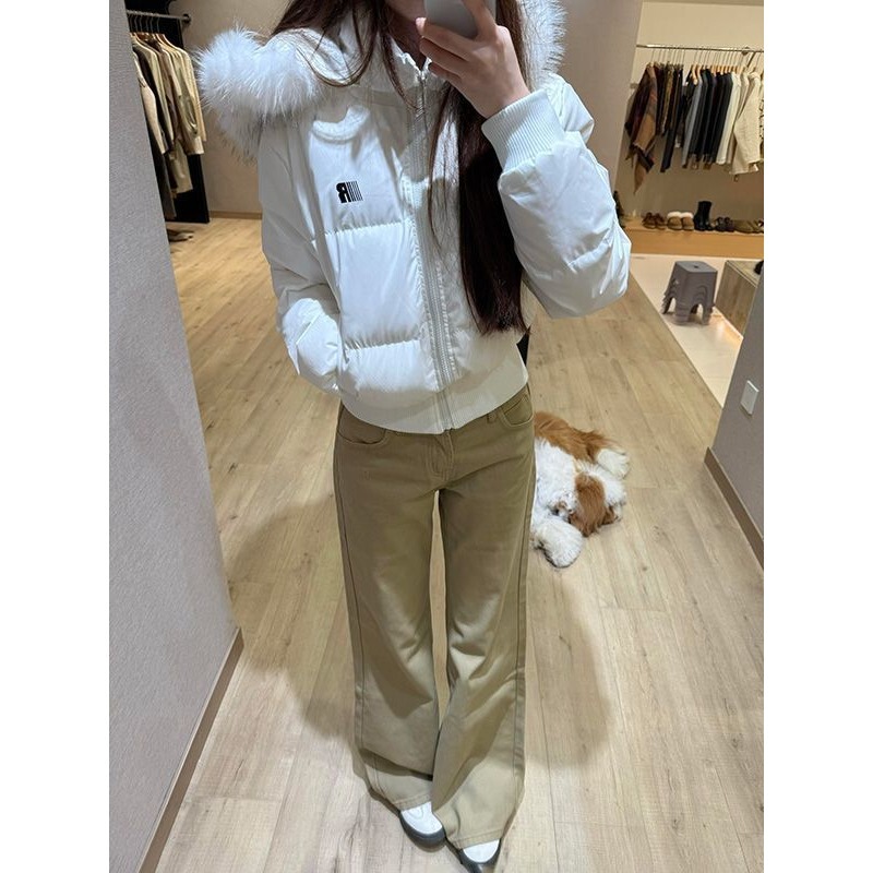 French-Style Design with Large Fur Collar, Letter Print, Hooded Cotton Jacket for Women, Winter High-End Loose Cold-Proof Coat, Puffer Jacket