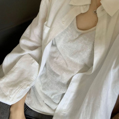 春夏綿麻純色の薄いベストのゆったりとしたカジュアルなボトムシャツ
