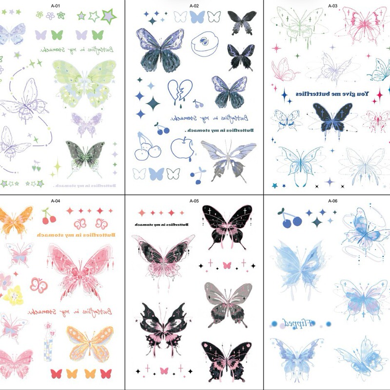 Pink green butterfly color tattoo stickers waterproof clavicle fresh girl tattoo stickers simple tattoo stickers