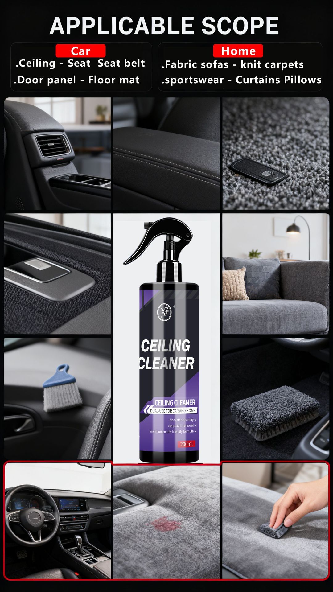 Cross-Border Aliexpress Foreign Trade Car Ceiling Cleaner Interior Fabric Seat Leather Decontamination Cleaning Renovation Maintenance