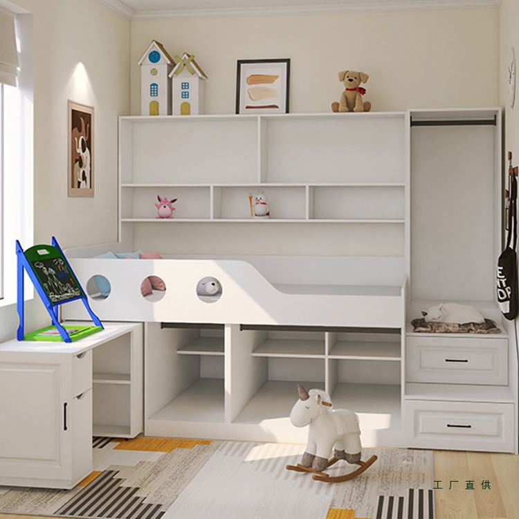 Children's Half-Height Bed for Small-Sized Boys and Girls Solid Wood Bed and Table with Storage Wardrobe Desk Integrated Combination
