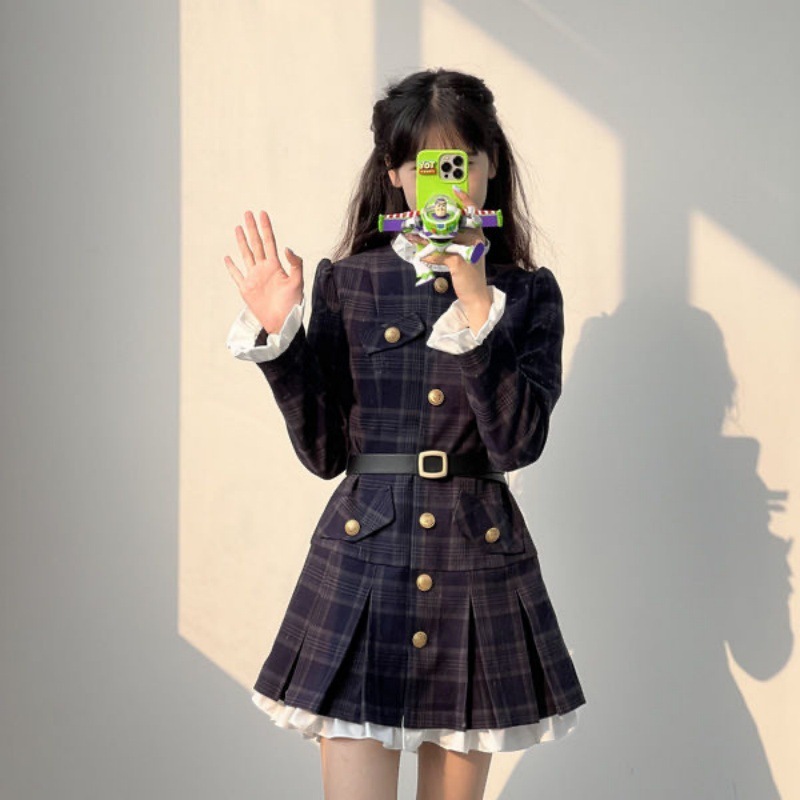 春秋复古撞色收腰显瘦a字连衣裙 小香风气质格纹设计感短裙子代发|undefined
