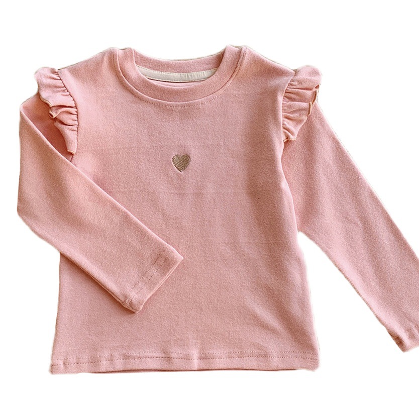 Camiseta de algodón de estilo coreano para niñas, con bordado de corazón, manga larga, para niños, capa base para bebés, top de otoño