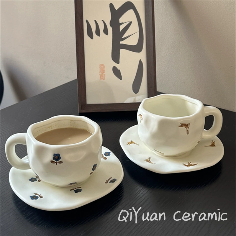Ceramic coffee cup set INS Japanese retro, hand-painted irregular saucer, vintage style