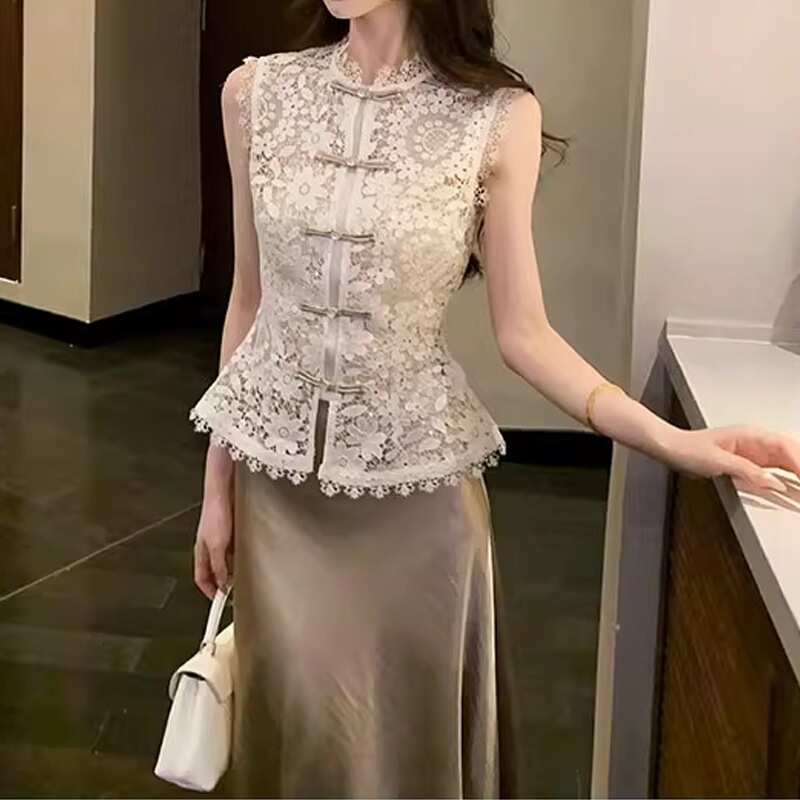女款夏2025蕾丝镂空刺绣上衣含吊带外穿背心高级感缎面鱼尾裙套装|undefined