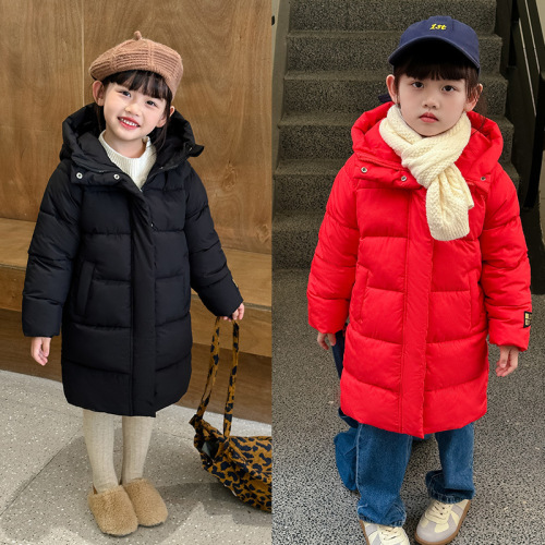 Children's Long Black Gold Thick Down Cotton Winter School Uniform Over Knee Volcano Cotton Coat - 2024 New Model for Export