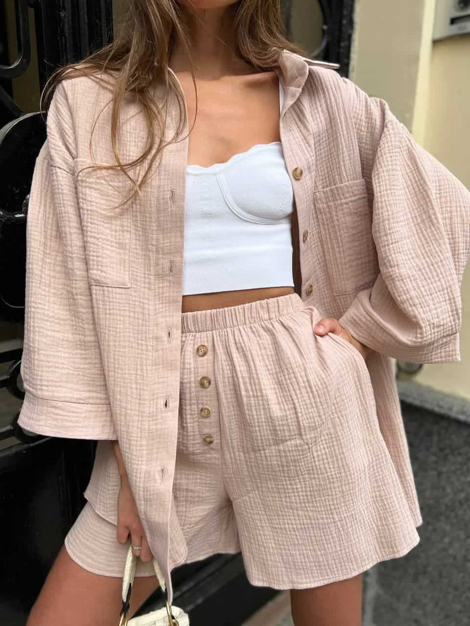 Casual Button-Up Cardigan & Shorts Set – Breathable Polyester Lounge-to-Street Outfit (S-XL, 4 Fresh Colors, Euro-US Minimalist Comfort)_ecoleips.com