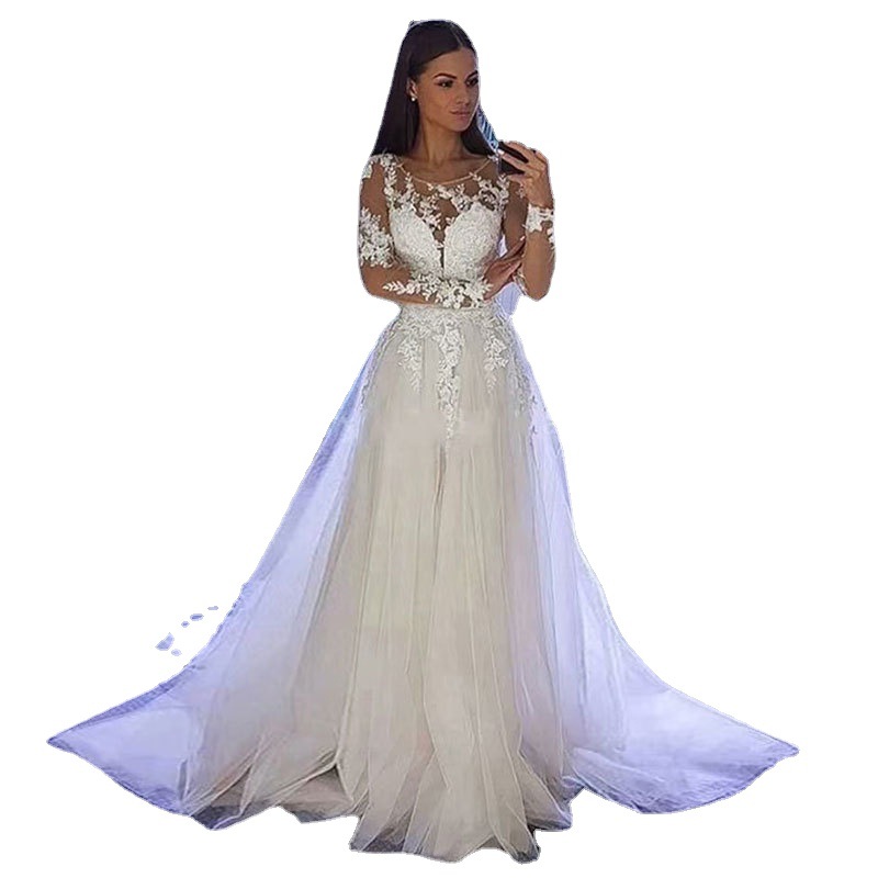 Europa y América del Comercio Exterior Amazon AliExpress deseo nuevo cuello redondo vestido de novia de encaje elegante de manga larga más tamaño vestido de novia
