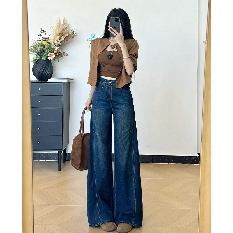 Qiao Zhan American Retro Deconstructed Design Wide-Leg Jeans for Women, Autumn and Winter High-Waisted, Loose, Body-Covering, Drapey Straight-Leg