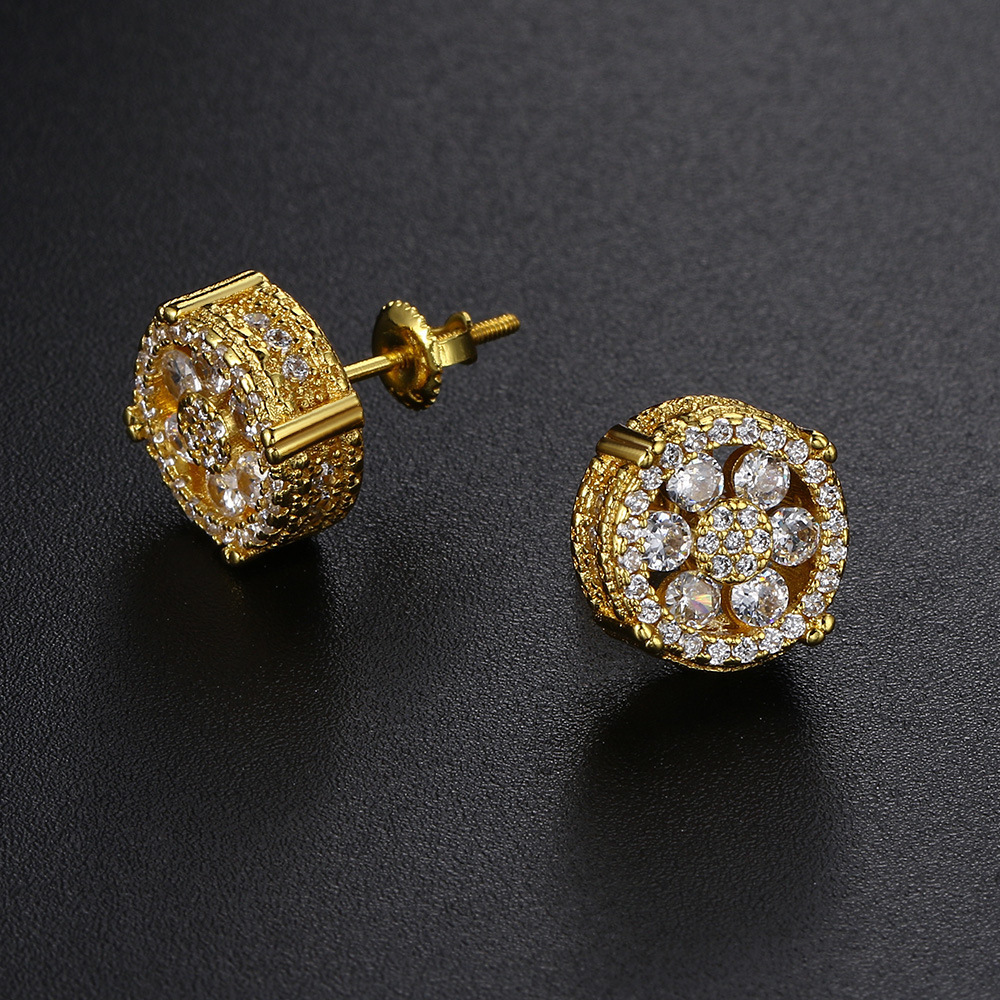 Popolare Full Diamond Hip Hop Round Micro Set Zircone Filo per Uomo e Orecchini_voghion.com