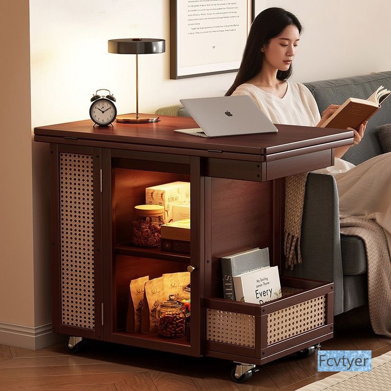 Side Table Coffee Table Mobile Sofa Side Cabinet Small Apartment Folding Cart Living Room Storage Rack Non-Solid Wood Vintage Small Table