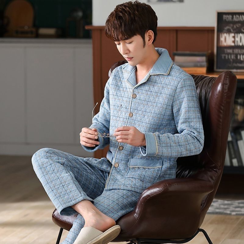 Lujo ligero invierno de invierno de algodón de mediana edad aire de algodón intercalado pijama de hombre conjunto de ropa para el hogar