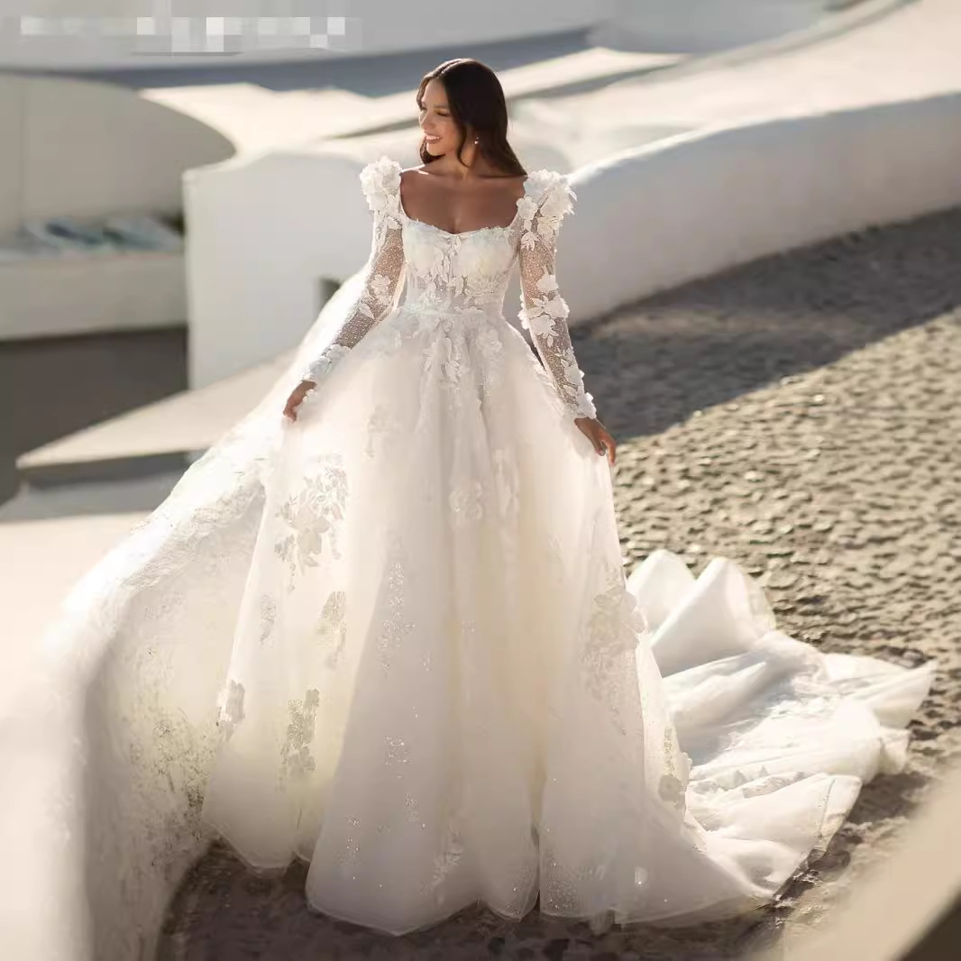 New bridal wedding dress lace long sleeve tail French style forest foreign trade