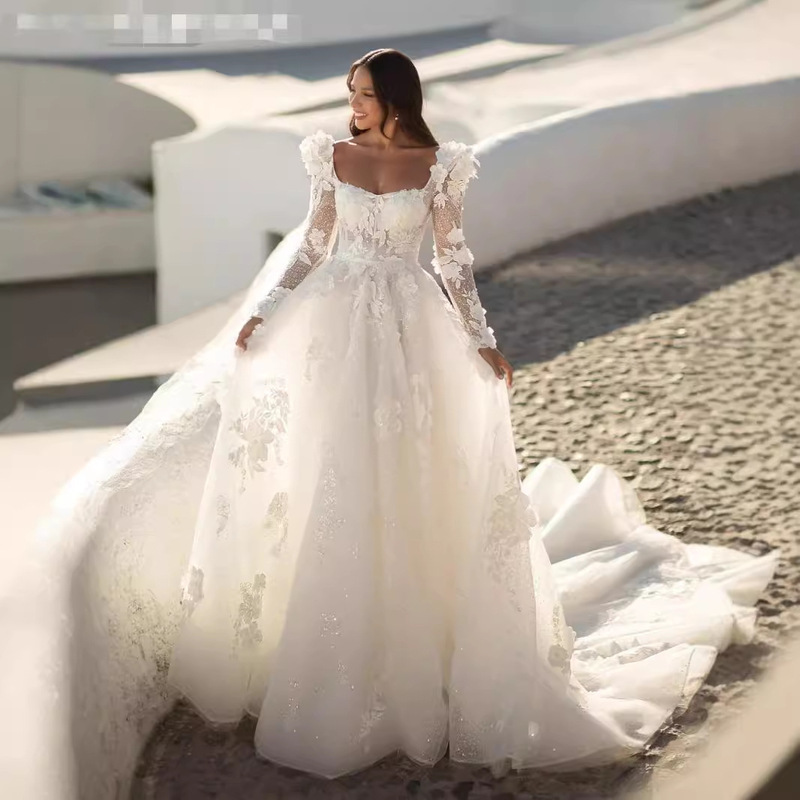 New bridal wedding dress lace long sleeve tail French style forest foreign trade