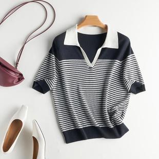 ''Air Conditioner for Summer Walking'' (Linen + Mulberry Silk) Polo Small V-Neck Half-Striped Half-Sleeve Shirt