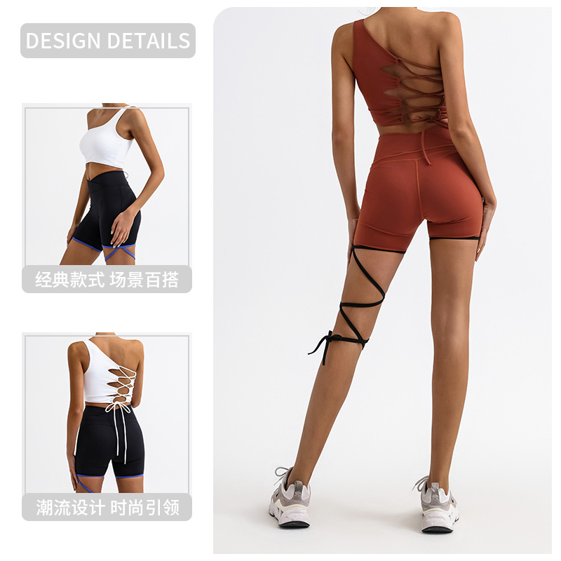 Europeo y americano deportes traje de Fitness Mujer de un hombro belleza espalda yoga superior cintura alta entrenamiento de secado rápido con cordones cortos conjunto de dos piezas