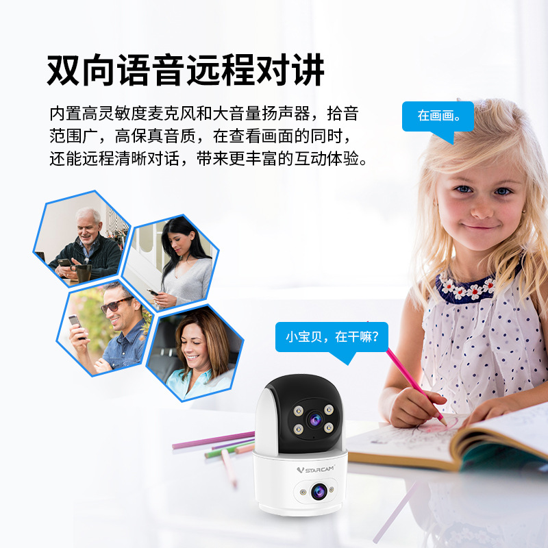 Procesamiento de cámara inteligente personalizada, monitoreo de doble pantalla, hogar, cámara inalámbrica de visión nocturna interior de alta definición de 2 millones