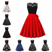 D 跨境厂家直销夏季新款欧美复古裙蕾丝圆领无袖拼印花大摆连衣裙