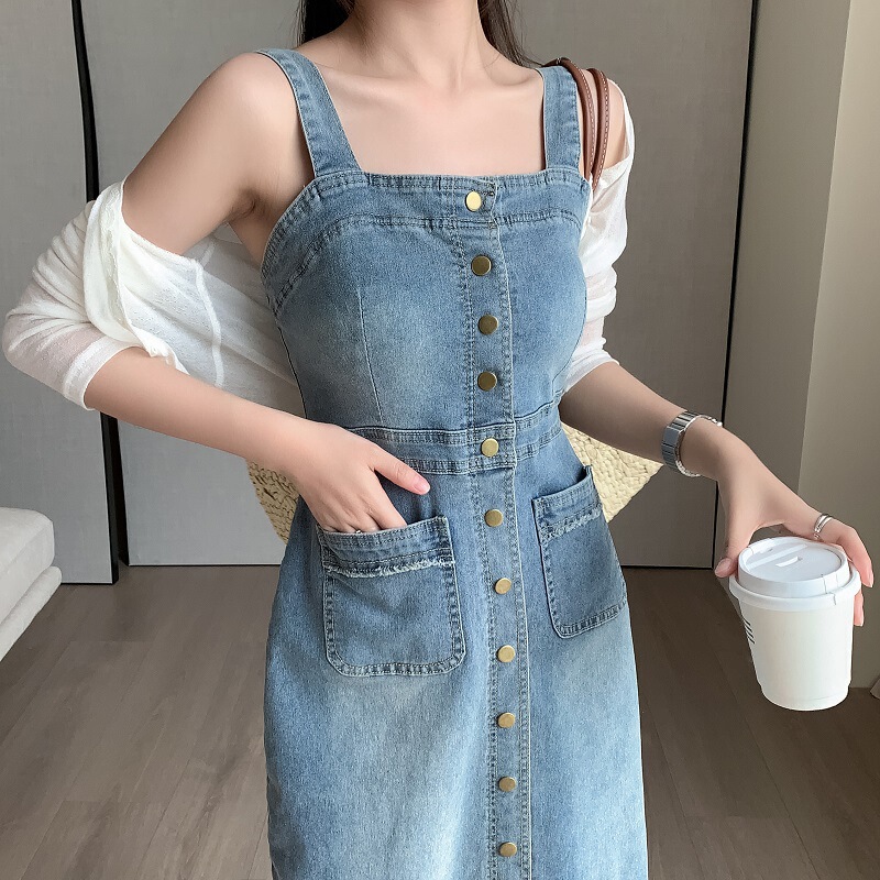 Real-shot Real-price Loose Casual All-match Denim Strap Dress Mid-length Slim-fit dress Women Real-shot Real-price Loose Casual All-match Denim Strap Dress Mid-length Slim-fit dress Women