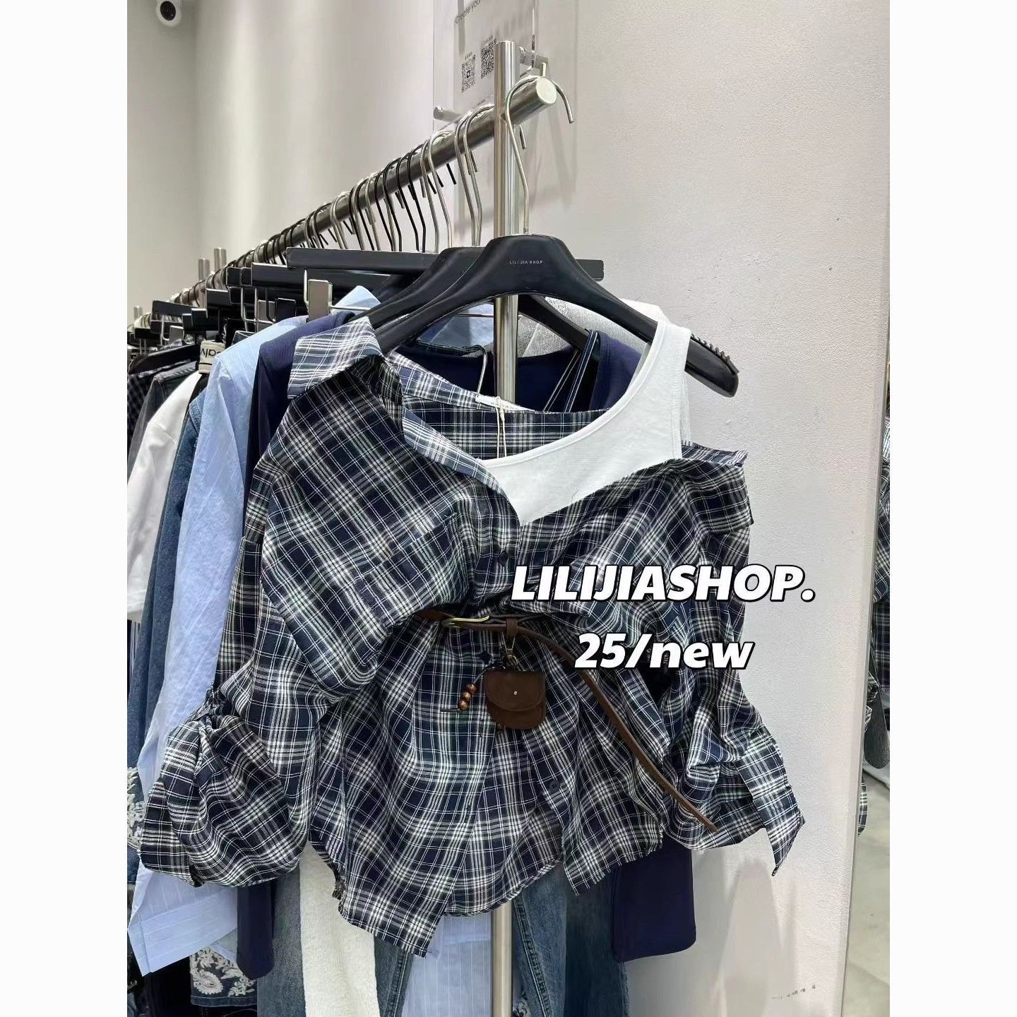 Korean Style Niche Design Splicing Off-Shoulder Fake Two-Piece Plaid Shirt Top Women's Autumn Outer Shirt
