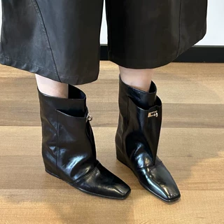 牛皮版~内增高复古风方头时装靴女黑色中跟增高百搭通勤风马丁靴