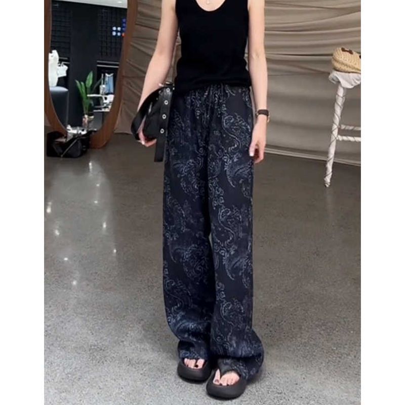 大きいサイズのハイウエストプリントカシューフラワーストレートカジュアルパンツ女性用夏薄手ゆったりスリム万能ワイドレッグロングパンツ|undefined
