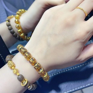 10mm Mexican Lamper carved round bead bracelet six-character true words font three-dimensional strong gold plating process