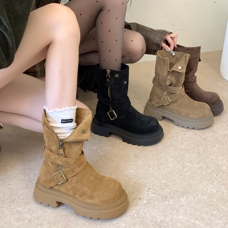 2026 Autumn/Winter New Thick-Soled Women's Martin Boots, British Style Suede Ankle Boots, Versatile Height-Increasing Motorcycle Boots, Trendy