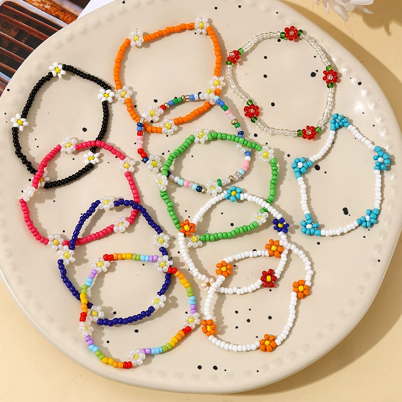 Браслет из рисовых бусин, браслет с цветком, инс-стиль, индивидуальный европейский и американский ретро-эластичный браслет из бисера с ромашками, универсальный браслет