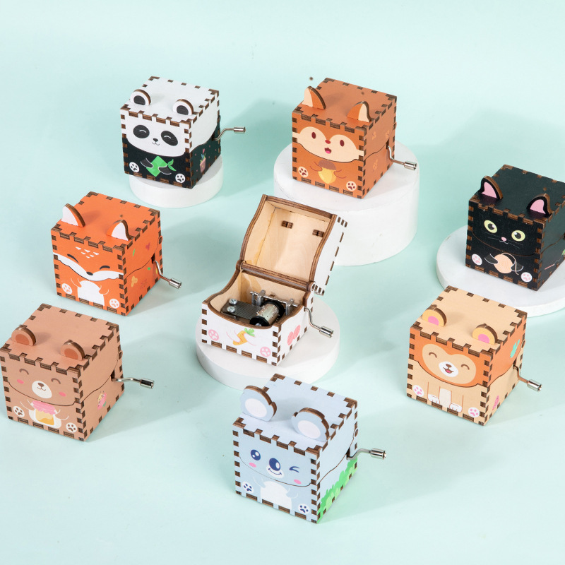 Caja de música de madera para niños DIY hecho a mano animales de dibujos animados regalos para niños pequeños puestos decorados con cajas de música de manivela juguetes