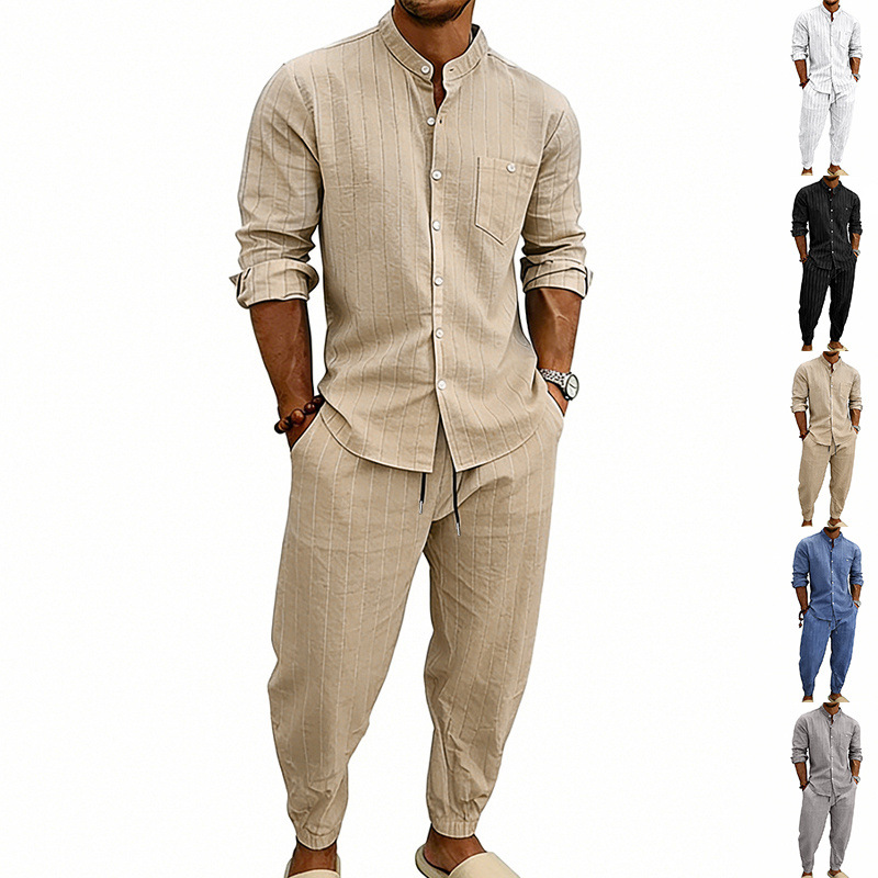 Transfronterizos primavera y otoño hombre deportivo a rayas verticales camisa casual de manga larga cardigan a rayas transpirables pantalones de dos piezas