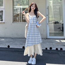 度假风系带格纹吊带连衣裙女夏季新款假两件撞色拼接气质A字长裙