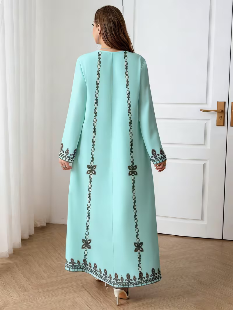 Middle Eastern Cross-border Muslim Women's V-neck Printed Loose Elegant Robe Ethnic Style Long-sleeved Dress Custom-made_ecoleips.com