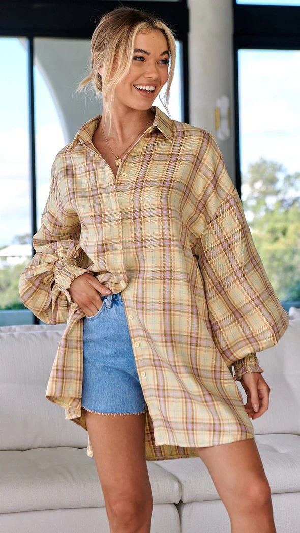 291g Weight Long Sleeve Sleeve Length Single Breasted Placket Type Bishop Sleeve Sleeve Type Spandex, Polyester Fabric Type Long Top Length Blouse Tops Type Daily Occasion Shirt Collar Neckline Loose Fit Type Plaid Pattern Winter, Autumn Season Women's Gender Printing, Pocket Design Streetwear Style Wholesale Women's Streetwear Plaid Long Sleeve Printing Pocket Blouses 14