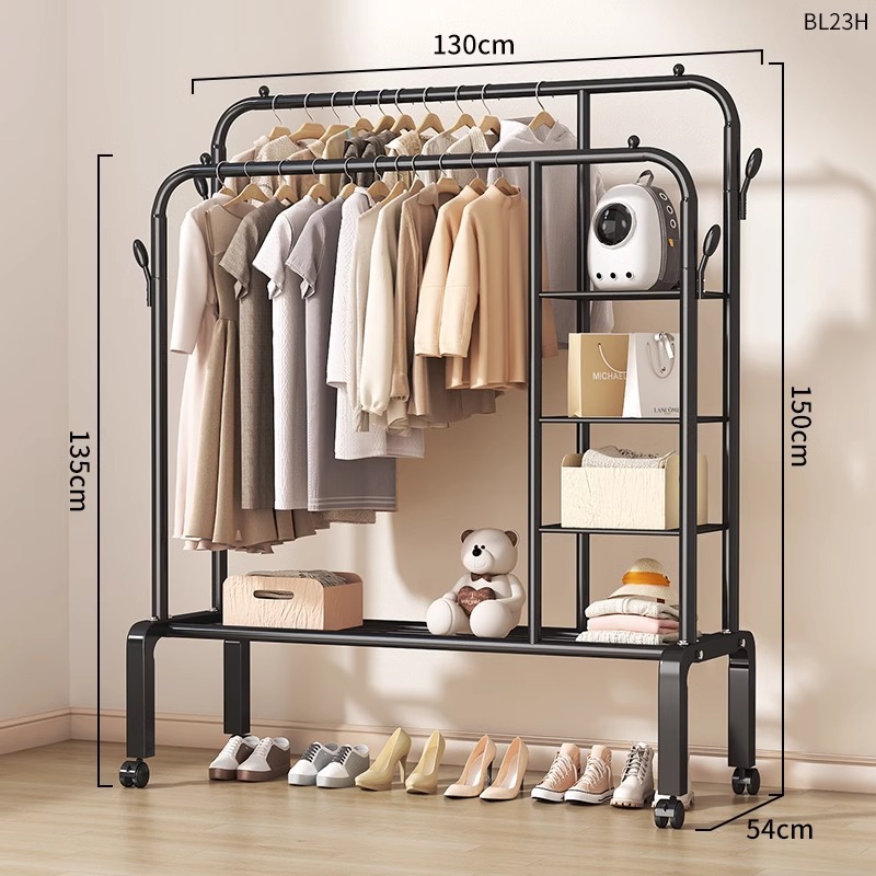 130cm 검정색 [이중극 + 단층수납 + 측면3단수납 + 범용바퀴 + 옷걸이] 두꺼운 파이프 직경