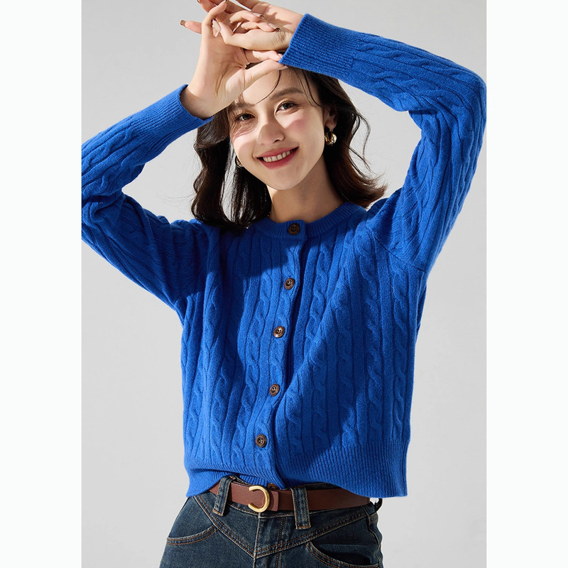 Klein Blue Knitted Sweater Cardigan for Women 2025 Autum Red Sweater Bottoming Blue Round Neck Style Top for Women