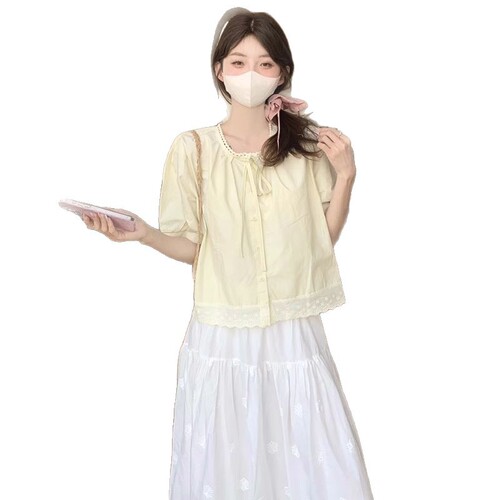 Korean-style fresh and clean patchwork fringe tie blouse women 2025 summer new hide fat slimming fashionable blouse top women