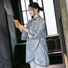 S21CS18棉麻印花衬衫盘扣苎麻棉中式复古茶服女装中国风上衣