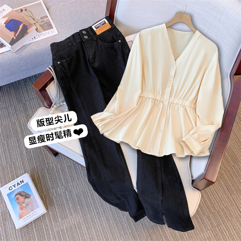 Plus Size Women's Autumn Clothing with a Complete Set of Tops and Jeans, Fat and Slimming, Casual and Fashionable Daily Commuting Suit