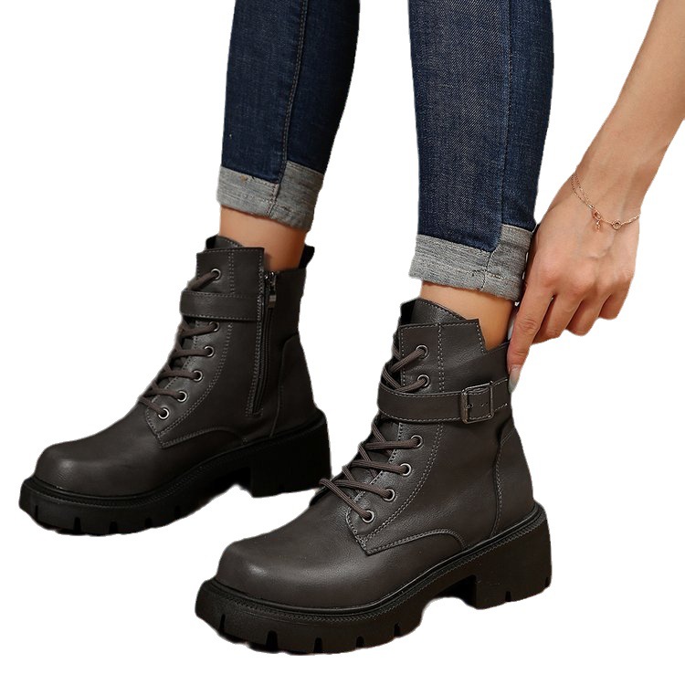 New autumn winter British style motorcycle boots thick soled belt buckle vintage ankle boots plus size_voghion.com