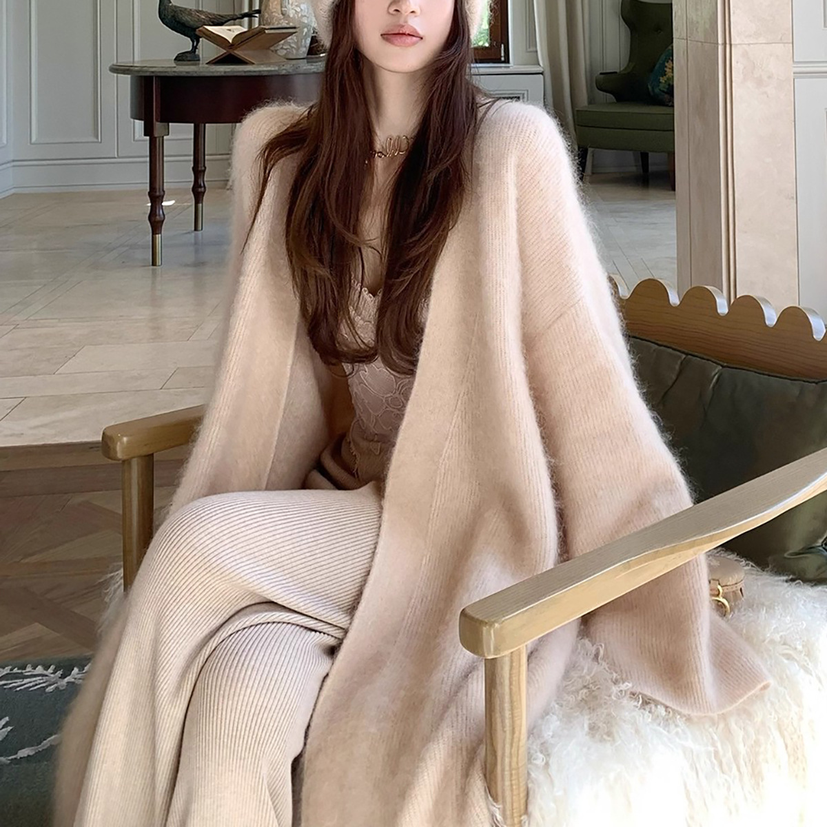 新款慵懒感羊毛针织衫长款高克重系带马海毛大开衫秋冬毛衣外套女