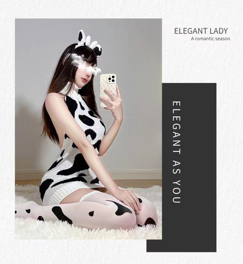 Cow Maid Knit Sweater Costume Set with Socks and Ears, Backless Open-Knit Design — detail image 10