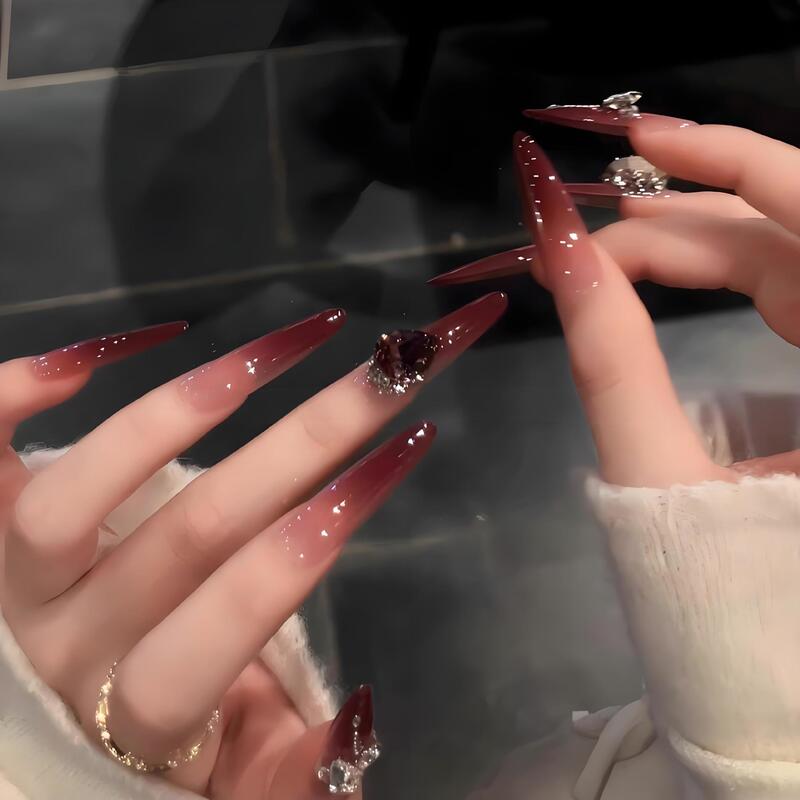[Athena] Noble and White Gradient Cherry Color K9 Diamond Manicure Long Style High-End Wearable Nails Purely Handmade