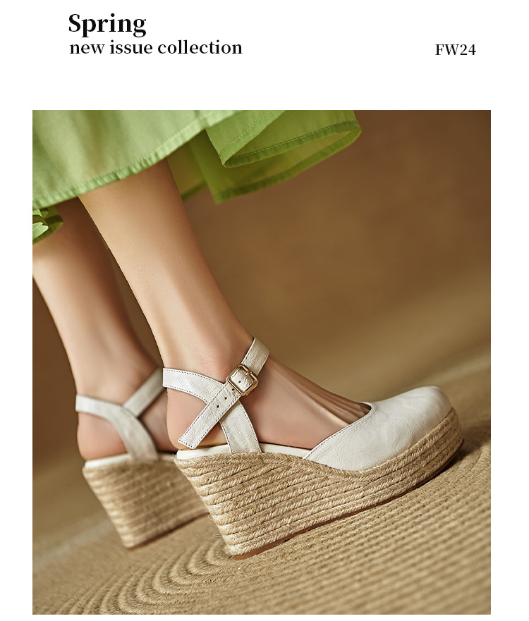 Sandal cao gót nữ quai ngang đế xuồng đan rơm, gót 9 cm — Rượu vang đỏ, màu trắng ngà chi tiết 10