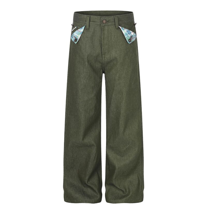 F9065 High Street American Style Unisex Premium Mustard Green Patchwork Raw Denim Design Men's Loose Casual Jeans F9065 High Street American Style Unisex Premium Mustard Green Patchwork Raw Denim Design Men's Loose Casual Jeans
