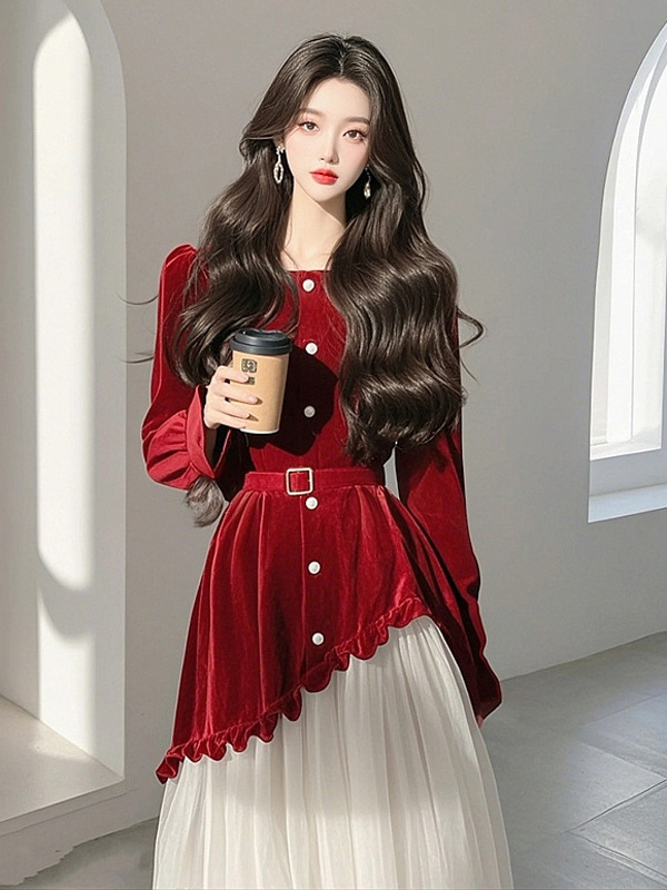 法式拼接红色丝绒连衣裙女2025早秋季女装假两件气质收腰长裙子|undefined