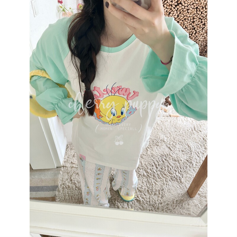 CHERRY PUPPY Floral Cuidi Single Sweater Long Sleeve Flower Bud Sleeve Pajamas Home Clothes Comfortable Cotton Cartoon