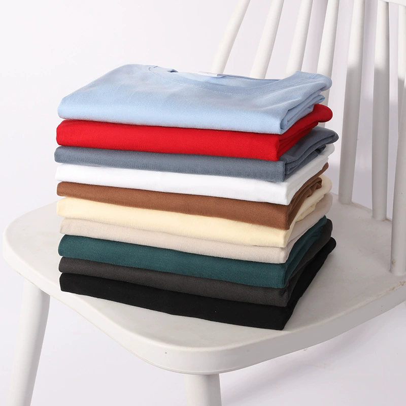 Футболка из чистого хлопка, 230 г, однотонная летняя рубашка с круглым вырезом, свободная рубашка с открытыми плечами, чесаная, облегающая, с короткими рукавами