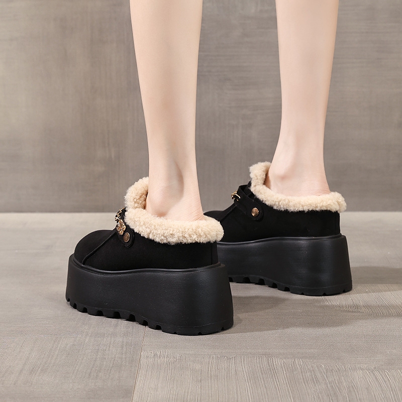 Dép lông giữ ấm mũi kín đế dày tăng chiều cao trong, phong cách Birkenstock thu đông — màu đen