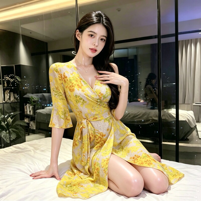 Yellow Shirt French Style Printed Long Skirt Sexy Lingerie Summer Sexy Dress